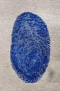 Close-up of a thumbprint used for locating specific Nadi astrology palm leaves.